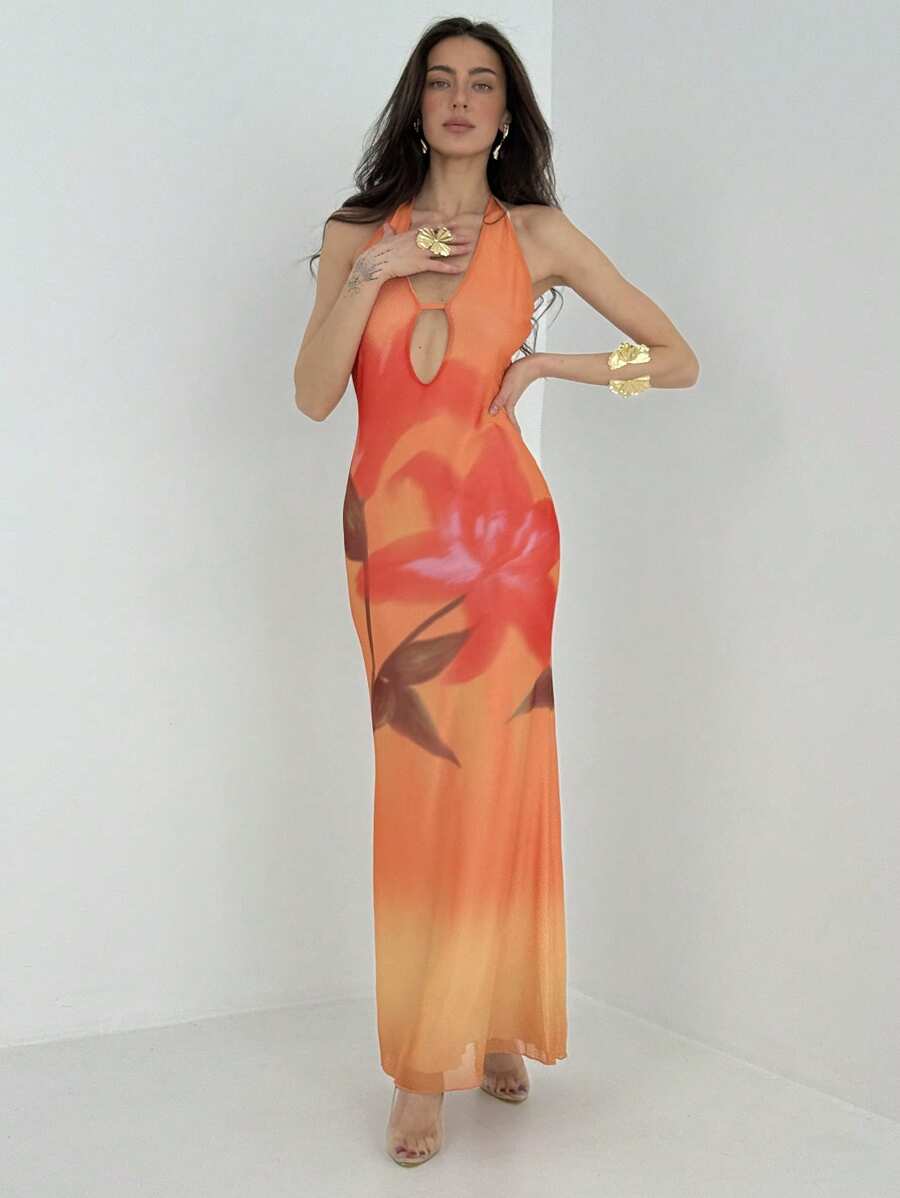 Aloruh Sexy & Romantic Floral Backless Dress  Summer Summer Outfits Summer Clothes Beach Outfits For Woman  Beach Vacation Vacation Outfits Woman Boho  Tropical Vacation Woman Clothe  Floral    Tropical Vacation Woman Clothe Ruffle - Orange - View 1