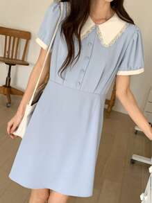 DAZY Color Block Puff Sleeve Mini Dress For Women Summer Sundress - Blue - View 7