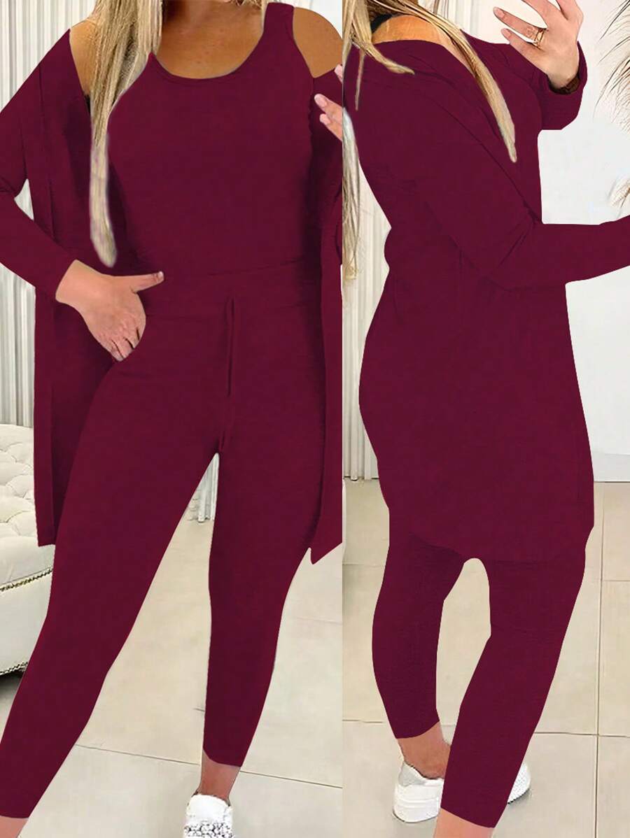 INAWLY 3pcs Women's Solid Color Long Sleeve Jacket, Round Neck Vest And Leggings Casual Set Fall Cloth For Women - Red - View 1