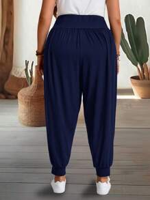 EMERY ROSE Plus Size Casual Solid Color Drawstring Pants Fall - Navy Blue - View 2
