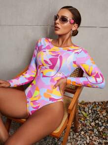 Swim SPRTY 1pc Women's All-Over Print Crew Neck Long Sleeve Cut-Out Back One-Piece Swimsuit For Summer Beach Vacation - Multicolor - View 5