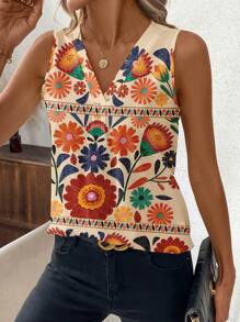 SHEIN Clasi Countryside Print V-Neck Sleeveless Shirt, Suitable For Spring And Summer Everyday Wear Summer Outfits For Women Vacation Shirt Summer Outfits For Women  Summer Tops Women