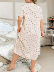 CottageSlumber Plus Size Cherry Print Embroidery Lace Splice V-Neck Nightgown - Beige - View 2