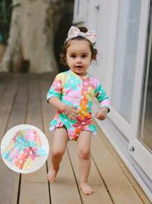 Baby Girl Printed Ruffled One-Piece Swimsuit With Hat (Random Print) - Multicolor - View 1