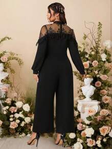 SHEIN Belle Plus Size Stand Collar Lace & Mesh Panel Lantern Sleeve Loose Straight Leg Jumpsuit, Casual & Elegant For Outing & Party