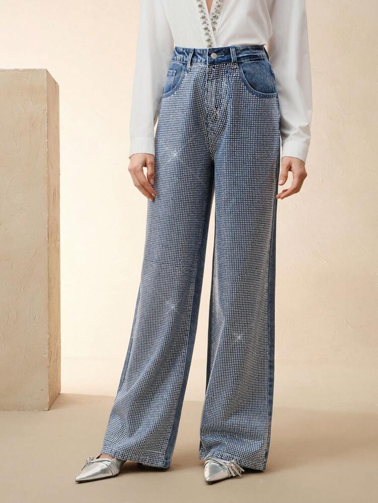 Rhinestone Embellished Luxurious Casual Versatile Straight-Leg Jeans For Women