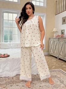 CottageSlumber Plus Size Romantic Lace Patchwork Bubble Crinkle Cherry Print Pajama Set - Apricot - View 3