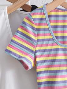 SHEIN 3 件套青少年女孩彩色条纹短款圆领短袖休闲紧身 T 恤，适合夏季