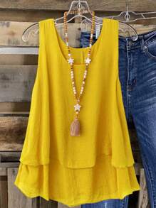 Linhara Plus Size Women's Sweet Retro Ruffled Layered Camisole, Suitable For Beach Vacation, Spring/Summer - Yellow - View 1