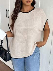 SHEIN Frenchy Maglietta casual a maniche a pipistrello con bordini a contrasto, scollo tondo, per taglie forti