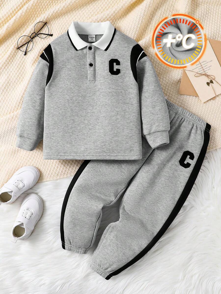 SHEIN 2pcs/Set Young Boys' Casual School Style Comfortable And Fashionable Simple Practical Embellished Fleece Pullover With Pants, Suitable For Kids Outfits, Back To School, Young Boy Clothes, School Uniform, Daily Wear, Outdoor, Sports, Autumn And Winter Season