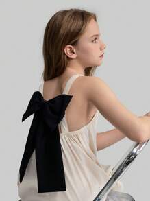 Ontre Tween Girls' Casual Loose Strappy Backless Dress With Exaggerated Bow Decor, Minimalist Plain Color, Suitable For Outdoor, Home, School, Beach, Holiday - Apricot - View 2