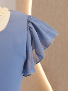 女童圆领短袖荷叶边腰部派对婚礼花童优雅网眼连衣裙 - 藍色 - 查看 6