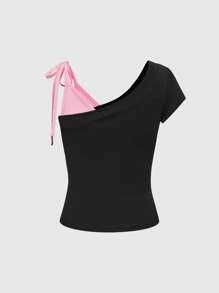 ROMWE Y2K Style Rhinestone Embellished Crop Top With Asymmetric Shoulder, Tight Fit Vintage-Inspired Fuchsia Tee - Pink - View 2