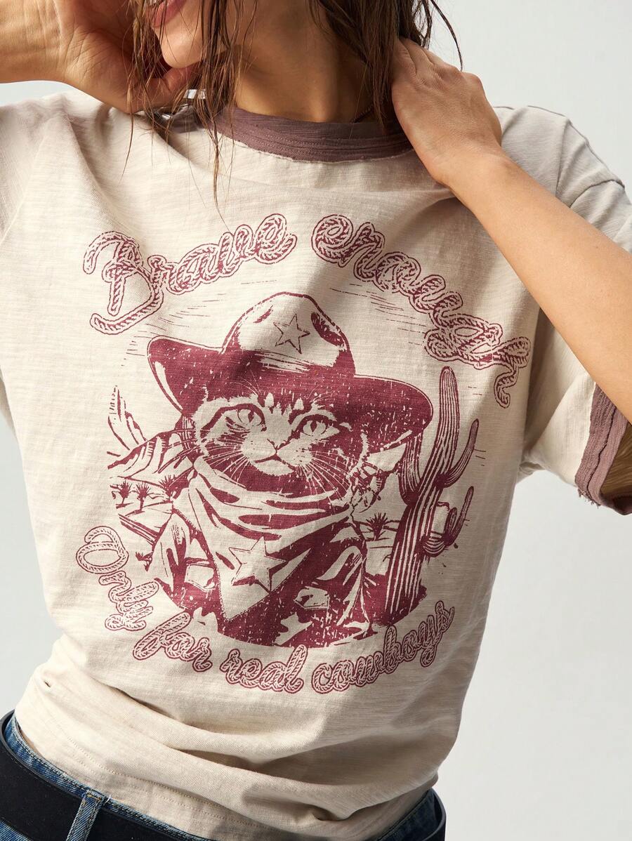 Bohemela 音乐节休闲针织拼色圆领短袖宽松洗水牛仔猫咪图案女式T恤 - 杏色 - 查看 1