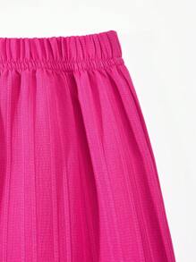 SHEIN 2 件 Tween Girl 休闲甜美褶皱纹理泡泡袖设计吊带背心和宽松阔腿裤粉色套装，适合日常、通勤、度假、姐妹会街拍，春夏女孩套装，女孩夏季服装套装 - 玫紅色 - 查看 6