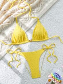 SHEIN Swim 2pcs Structured Sunflower Metallic Butterfly Decor Halter Tie-Side Bikini Swimwear Set For Women, Standard Size For Summer Beach Vacation - Yellow - View 4