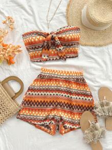 SHEIN Tall 女士节日波浪条纹前结短款上衣和短裤两件套