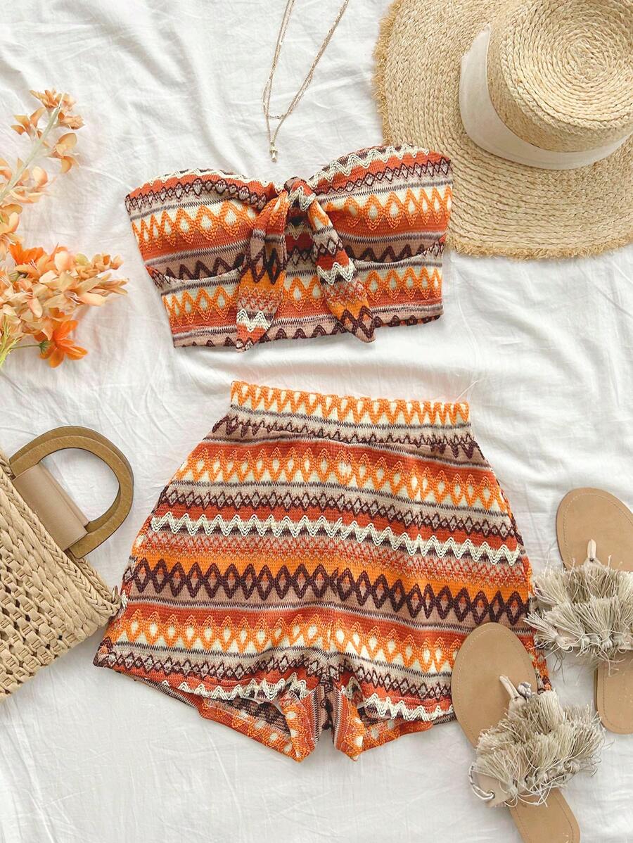 SHEIN Tall 女士节日波浪条纹前结短款上衣和短裤两件套