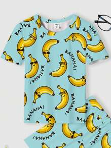Quần short ngắn tay cổ tròn in hình quả chuối hoạt hình cho bé trai, giản dị, tối giản, vừa vặn, phù hợp mặc ở nhà, thích hợp cho mùa xuân/hè - Nhiều màu - Xem 4