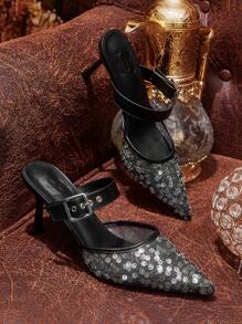 CUCCOO TILAWA Black Pointed Toe Glittery Mesh Panel Sexy High Heel Mule Pumps For Women - Black - View 6