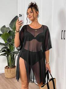 SHEIN Tall CURVE Plus Size Women Solid Color Round Neck Short Sleeve Loose Mesh T-Shirt - Black - View 3