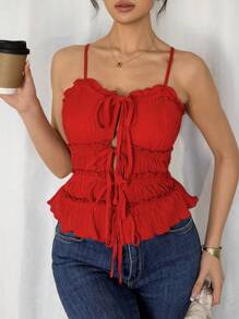 SHEIN Unity Women Elegant Spaghetti Strap Open Front Ruched Drawstring Bow Camisole Tank, Suitable For Vacation, Daily Wear, Sexy, Beach, Solid Color, 3D Fabric - Red - View 5