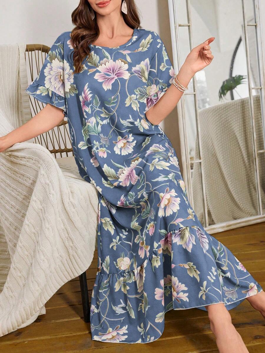 Serenescape Ruffled Floral Print Long Nightgown