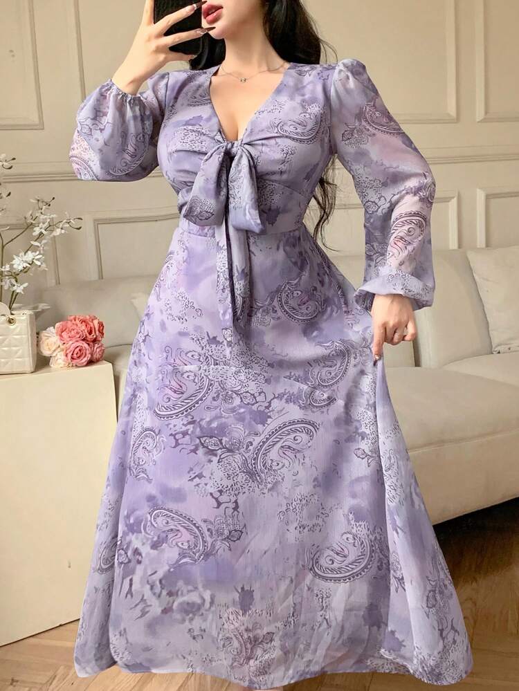 Ditsy Floral V-Neck Tie Up Twisted Chiffon Dress With High Slit, Palace Style & Print Elegant,Fall Dress Long Sleeve Dress Easter