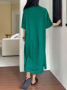 DAZY Simple Solid Color Loose Hem Slit Casual Lounge Dress, Moo Moo Pajama - Green - View 2