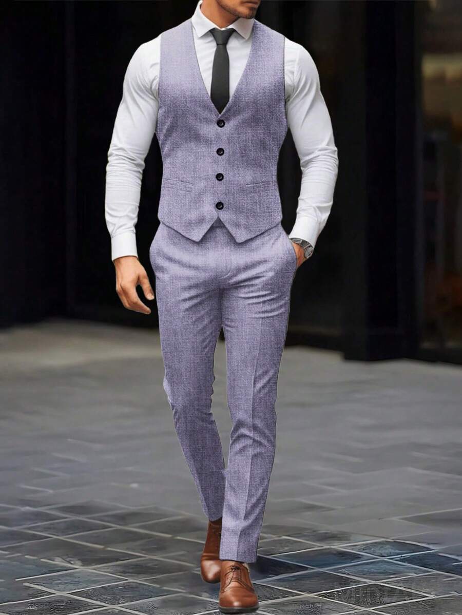 Calvornis Men's Single-Breasted Vest And Pants Business Formal Suit Set - Purple - View 1