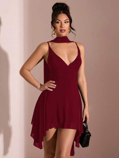 SHEIN BAE Vestido mini elegante de color negro sólido con escote en V profundo y cinta, adecuado para citas diarias, salidas nocturnas, discotecas, fiestas, reuniones, fiestas de cóctel, monos para vacaciones, fiestas en la piscina, ropa de oficina, vestidos para ir y venir