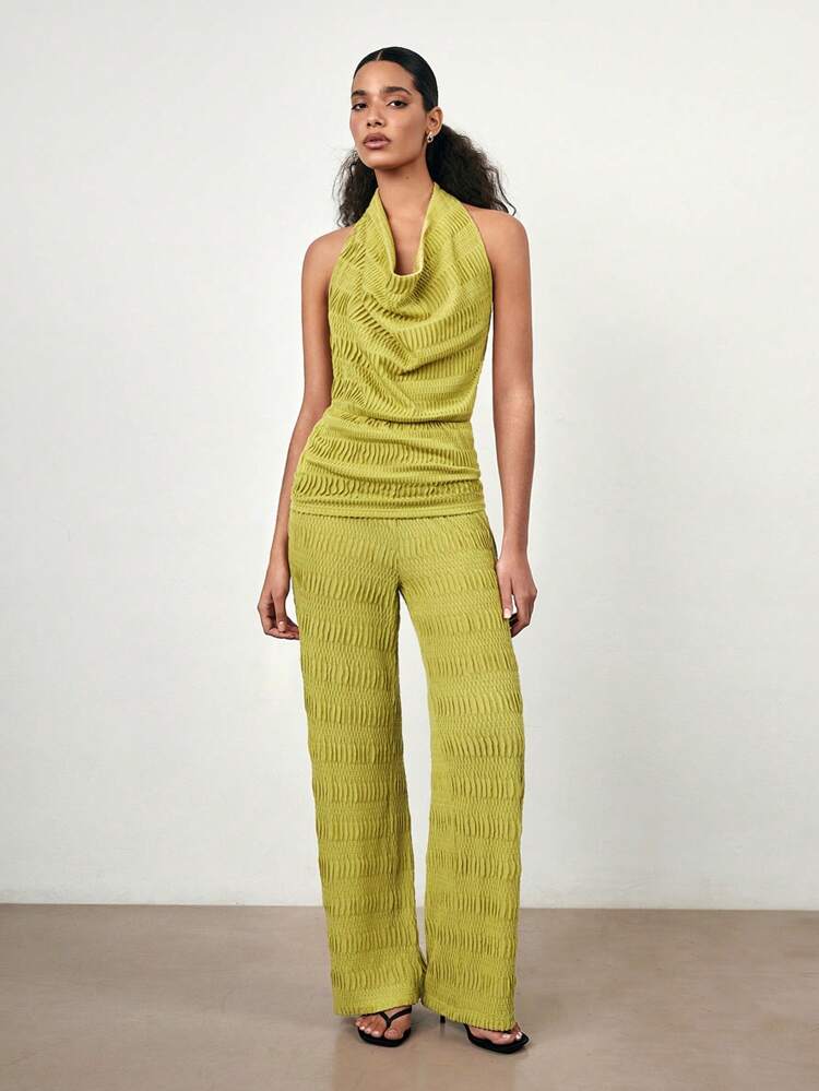 SHEIN Maija 2025 Summer New Women Green Textured Pants, Fashionable Simple Versatile Summer Elegant Outing Resort Straight Pockets Casual Slim Leg Office Pants,High Waist Spring Break Beach Music Festival Knit Maxi Trousers