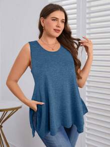 EMERY ROSE Plus Size Women Solid Color Sleeveless Camisole And Tank Top Sets, Simple & Fashionable For Summer - Teal Blue - View 4