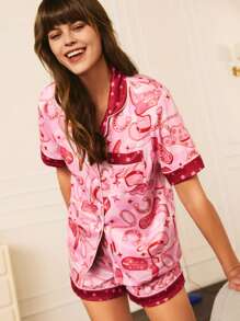 Young Fashionable Western Style Pink Full Print Lapel Women's Pajama Set