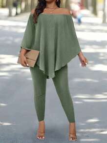 SHEIN LUNE 2pcs/Set Plus Size Women Off Shoulder Batwing Sleeve Top And Pants Set - Army Green - View 3