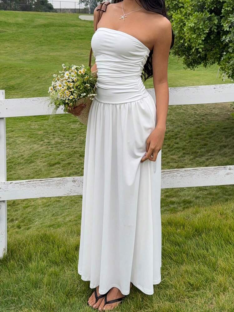 women's light pink strapless dress for a wedding shein EZwear Casual Pleated Elegant Summer Dress, Suitable Valentine's Day Bridesmaid Maxi Long Guest Prom Dress Pink Elegant Sleeveless Canvas A Line Slight Stretch Spring/Summer/Fall Women Clothing Trying on SHEIN Wedding Dresses