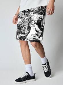 ROMWE MEN Anime 男士休闲简约时尚短裤，日常穿着 - 黑色 - 查看 6