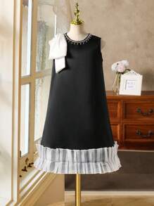 SHEIN Vestidos de Pré-adolescentes, Vestido Midi Branco sem Mangas com Caimento Solto, Decoração com Corrente de Strass, Ornamento de Laço 3D, Detalhe de Ombro Rosa, Bainha com Babado, Vestido de Princesa Elegante, Adequado para Festas, Eventos, Aniversários, Todas as Estações - Branco - Visão 2