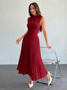 SHEIN PETITE 女士优雅褶皱紧身 A 字形连衣裙 - 酒紅色 - 查看 3