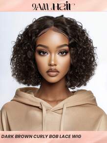 短款棕色卷发蕾丝假发 人发无胶水波波头假发 中分 10 英寸深波卷发蕾丝前假发