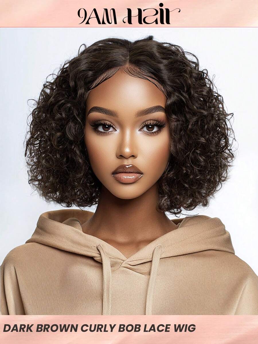短款棕色卷发蕾丝假发 人发无胶水波波头假发 中分 10 英寸深波卷发蕾丝前假发