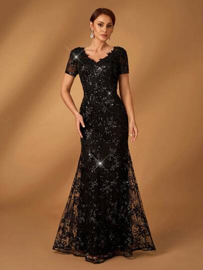 Serin Summer Elegant Romantic Gorgeous Black Sequin Embroidery V-Neck Short Sleeves Luxurious Sequin Applique Design Slim Fishtail Hem Suitable For Dinner Bachelorette Party Holiday Dance Season Wedding Event Music Festival Bride Mother Dress, For Valentine's Day Mother Of The Bride Dress - Chic Modest Lace Dress For Special Day