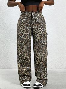 Slaydiva Women's Fashion Leopard Print Denim Cargo Pants - Multicolor - View 6