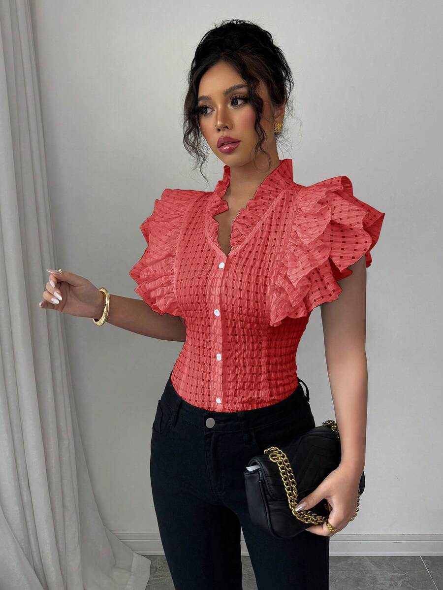 Elenzga 优雅浪漫纹理格子荷叶边下摆女式衬衫，度假风格 - 紅色 - 查看 1