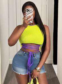 BamGleam 女士针织上衣 无袖 短款 绿色 吊带 半透明 性感 派对 度假 春夏 风格 - 綠色 - 查看 1