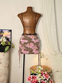 Flirla Sexy Ditsy Floral Drawstring Ruched Bodycon Mini Skirt