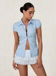 Glamine 女士性感短袖合身领衬衫，适合日常外出和度假