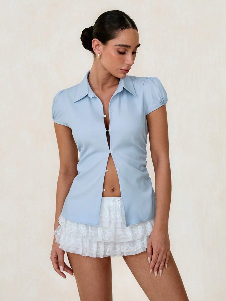 Glamine 女士性感短袖合身领衬衫，适合日常外出和度假