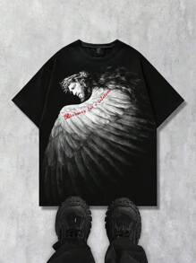 ROMWE MEN Street Life 男士哥特式圆领短袖图案印花休闲上衣，适合日常穿着，万圣节 - 黑色 - 查看 2